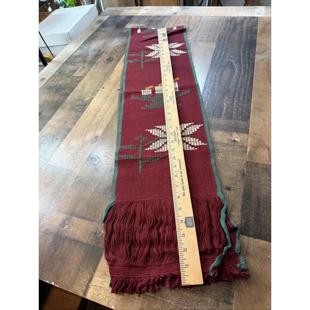 Vintage Christmas Woven Folk Art Table Runner Red‎ Green Poinsettia Candle 9x74